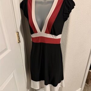 Black V-Neck Band Trim Dress with Red and White Accents